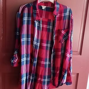 Red and blue plaid button up shirt